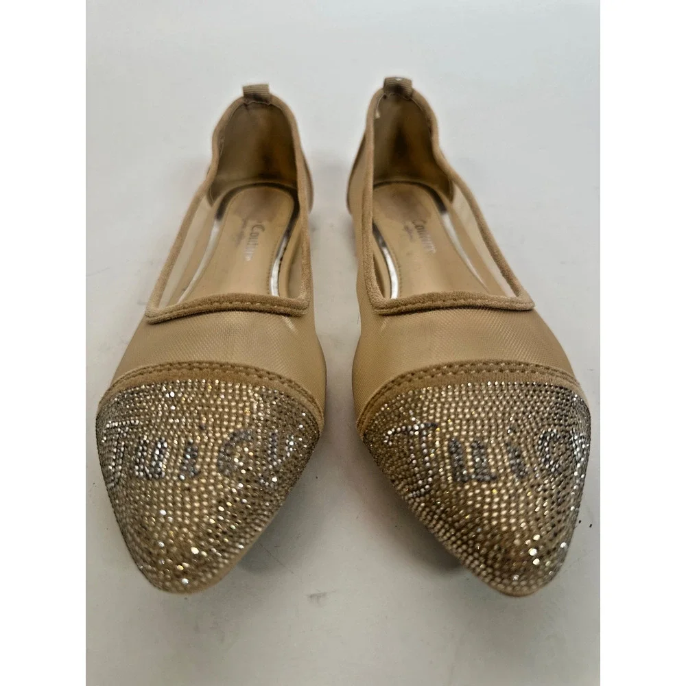 Juicy Couture Rhinestone Logo Mesh Flats Size 10 Nude Pointed Toe Ballet Flats